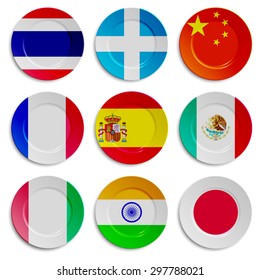 Set of plates with flags of Thailand, Greece, China, France, Spain, Mexico, Italy, India and Japan isolated on white. Vector EPS10 illustration. 