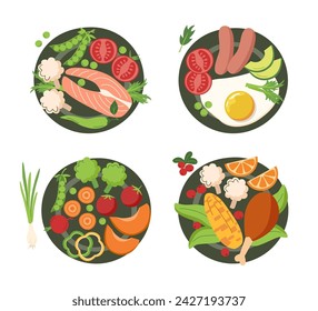 Set von Tellern mit Essen in flachem Stil isoliert auf weißem Hintergrund. Das Konzept des Essens. Menükonzept. Gesundes Esskonzept. Frühstück.