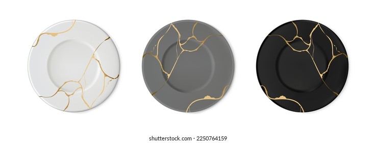 Set of plates with gold kintsugi. Crack and broken effects. Restoration of broken ceramic. Marble texture. Modern vector illustration. Japanese art of repair. Home decoration element.