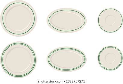 Set of plates with green line. Hand drawn illustration vector. Top view, empty.