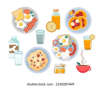 A set of plates for a healthy breakfast with scrambled eggs and bacon, toast, pancakes with jam. Healthy food and drinks. Vector illustration