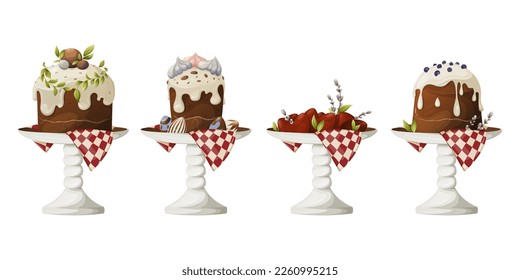 A set of plates on a stand with Easter food. Cakes decorated with white icing, red eggs, willow twigs. Vector illustration for the spring religious holiday on an isolated background.