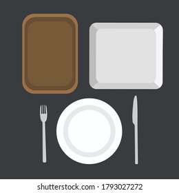 A set of plates, trays, and Cutlery. Vector fork, knife, white plate round flat, white square plate. wooden tray on a blue background