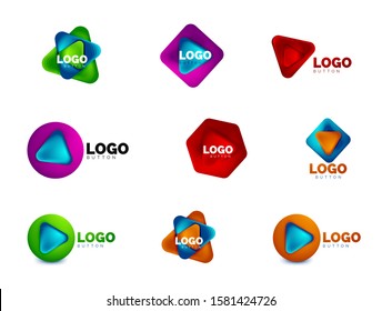 Set of play, arrow or download button icons, minimal design business logo templates. 3d geometric bold in relief style with color blend steps effect. Vector Illustrations For Wallpaper, Banner