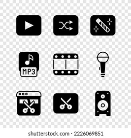 Set Play button, Arrow shuffle, Photo retouching, Video recorder or editor, Music video editing, Stereo speaker, MP3 file and icon. Vector
