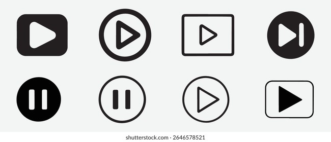 Set of play button Icon Vector, Line Illustration in Four Different Styles, Including Line and Silhouette on White Background
