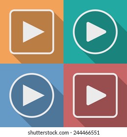 Set of play button icons with a long shadow