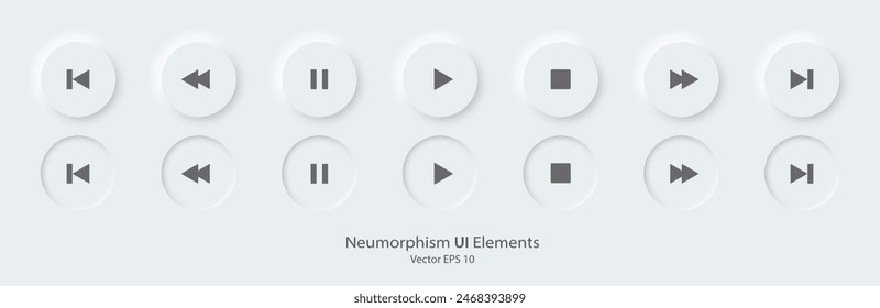Set of play button icons for music player mobile app. 3d modern design UI button. Neumorphism design style for Apps, Websites, and Interfaces. Vector illustration EPS 10.