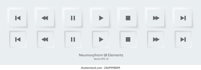 Set of play button icons for music player mobile app. 3d modern design UI button. Neumorphism design style for Apps, Websites, and Interfaces. Vector illustration EPS 10.