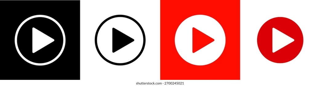 Conjunto de ícones do botão de reprodução, apresentados em quatro estilos distintos quadrado preto sólido, círculo com contorno, quadrado vermelho sólido e círculo vermelho sólido, opções de design para uma interface de media player