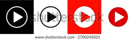 Set of play button icons, presented in four distinct styles solid black square, circle with outline, solid red square and solid red circle, Design options for a media player interface