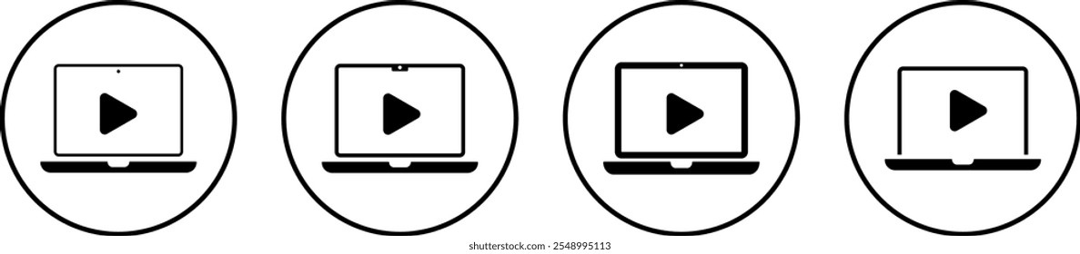 Conjunto de Botón de juego con el ícono de la computadora portátil. Diseño web sensible.  Iconos del dispositivo.  Monitor con Botones de música
