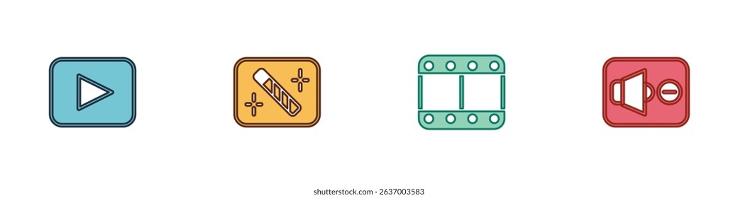Set Play button, Photo retouching, video and Speaker mute icon. Vector