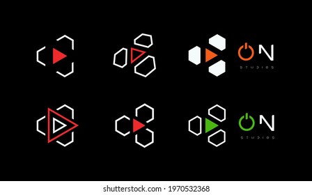 Set of Play button. Start and launch icon, hud and gui design element. Digital multimedia logo template for music, video, audio player sign collection.Vector illustration.