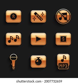 Set Play button, Stopwatch, MP3 file, media, Microphone, Music note, tone, Speaker mute and Record icon. Vector