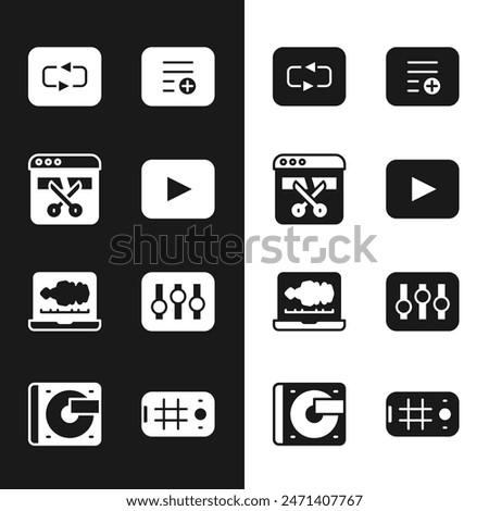 Set Play button, Video recorder or editor, Repeat, Add playlist, Sound audio, mixer controller, Selfie mobile and Vinyl player with vinyl disk icon. Vector