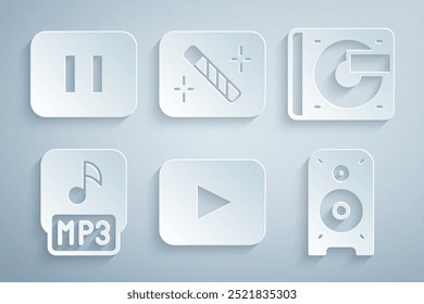 Set Play button, Vinyl player with vinyl disk, MP3 file, Stereo speaker, Photo retouching and Pause icon. Vector