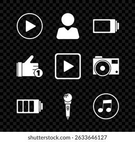 Set Play in circle, Add to friend, Battery charge level indicator, Microphone, Music note, tone, Hand like and square icon. Vector