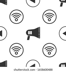 Set Play in circle, Megaphone and Wi-Fi wireless internet network on seamless pattern. Vector
