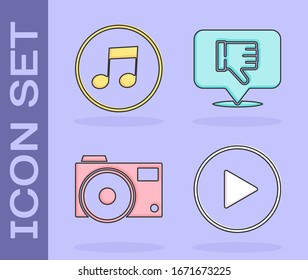 Set Play in circle, Music note, tone, Photo camera and Dislike in speech bubble icon. Vector