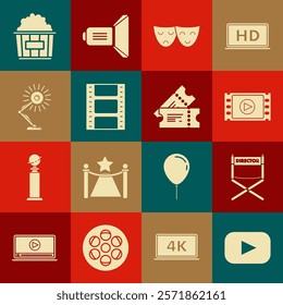 Set Play, Director movie chair, Video, Comedy and tragedy theatrical masks, Table lamp, Popcorn in cardboard box and Cinema ticket icon. Vector