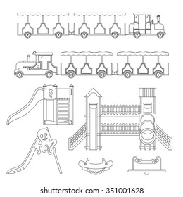 Set of play equipment for children: children's train, slide, swing, carousel. Outline drawing. Coloring book. Amusement park 
