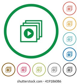 Set of play files color round outlined flat icons on white background