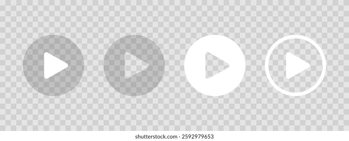 Set of play icons on transparent background texture. Video player buttons. Push, click or record signs for multimedia app window interface. Vector illustration.