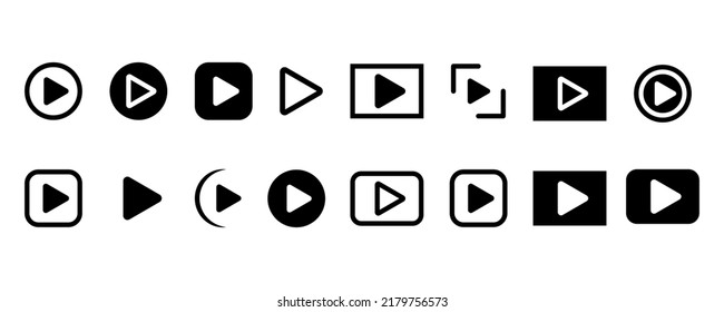 Set of play icons or signs vector on white background. Black play buttons. Start or begin symbol. Vector 10 EPS.