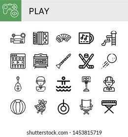 Set of play icons such as Game, Video recorder, Accordion, Lp, Waterpark, Carousel, Slot machine, Clarinet, Hockey stick, Golf ball, Guitar, Golf player, Basketball, Golfer , play
