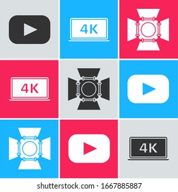 Set Play , Laptop screen with 4k video technology  and Movie spotlight  icon. Vector