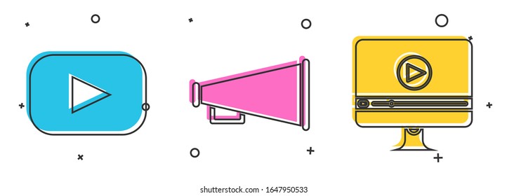 Icono Set Play , Megaphone y Online play video. Vector