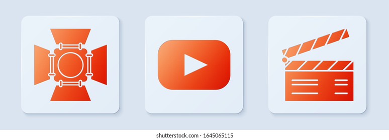 Set Play , Movie spotlight  and Movie clapper . White square button. Vector