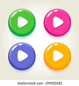 The set of play music buttons different colored with the glossy effect. Fully editable vector illustration. Perfect for web, signs, posters.