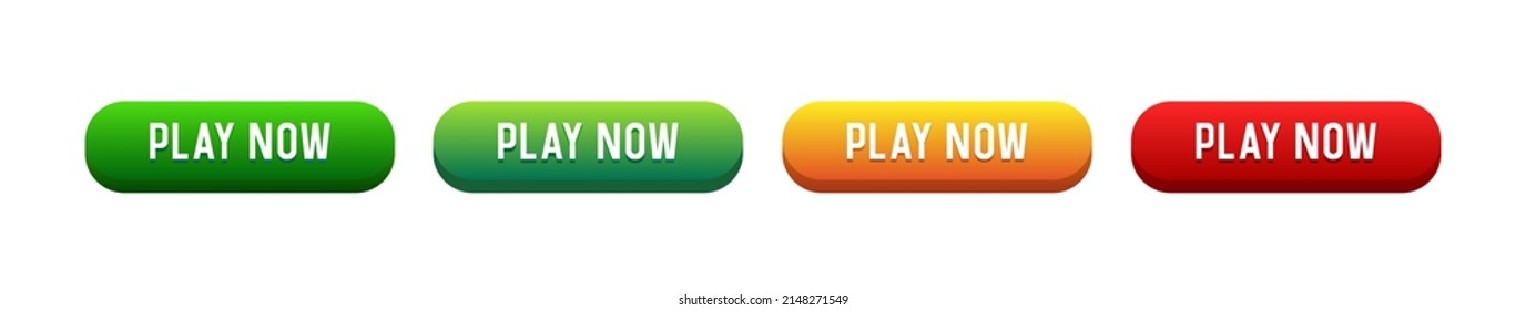 Set of Play Now Buttons. Green, yellow and red 3d buttons Play now. Vector clipart isolated on white background.