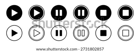Set of Play and Paus and stop icon collection with circle.