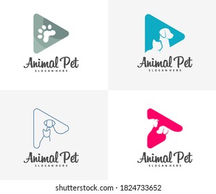 Set of Play Pet Logo dog cat design vector template. Animals Veterinary clinic Logotype concept outline icon.