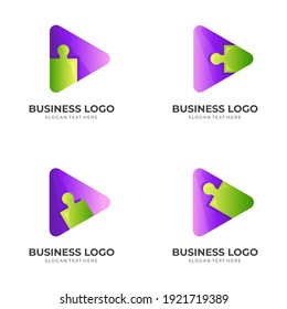 set play puzzle logo, play and puzzle, combination logo with 3d green and purple color style