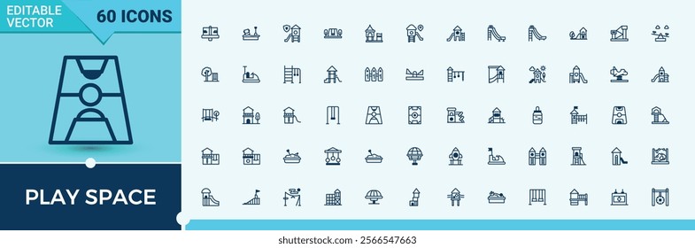 Set of Play Space line icons. Contains related to playground, inflatable, recreation, children, fun, kindergarten, bench, sport. Editable vector outline and solid icons.