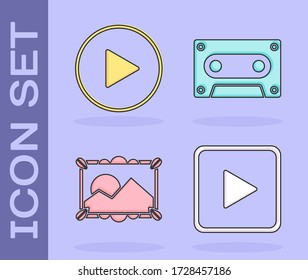 Set Play in square, Play in circle, Picture landscape and Retro audio cassette tape icon. Vector