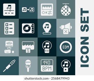 Set Play in square, EDM electronic dance music, Speaker mute, Drum machine, Vinyl player with vinyl disk, Music playlist,  and note, tone icon. Vector