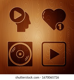 Set Play in square, Head people with play button, Vinyl disk and Like and heart on wooden background. Vector
