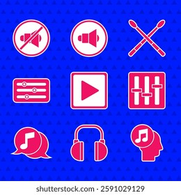 Set Play in square, Headphones, Musical note human head, Sound mixer controller, speech bubble, Drum sticks and Speaker mute icon. Vector