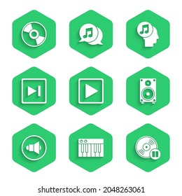 Set Play in square, Music synthesizer, Vinyl disk, Stereo speaker, Speaker volume, Fast forward, Musical note human head and CD DVD icon. Vector