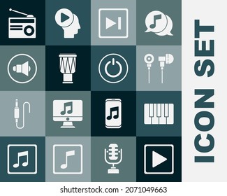 Set Play in square, Music synthesizer, Air headphones, Fast forward, Drum, Speaker volume, Radio with antenna and Power button icon. Vector