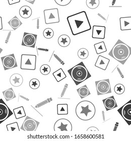 Set Play in square, Star, Vinyl disk and Pencil with eraser on seamless pattern. Vector