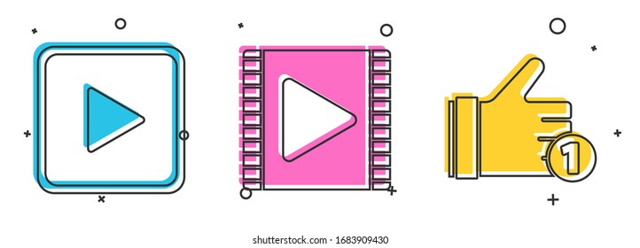 Set Play in square, Play Video and Hand like icon. Vector