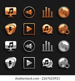 Set Play in square, Vinyl disk, Musical note speech bubble, Guitar pick, equalizer,  and Speaker volume icon. Vector