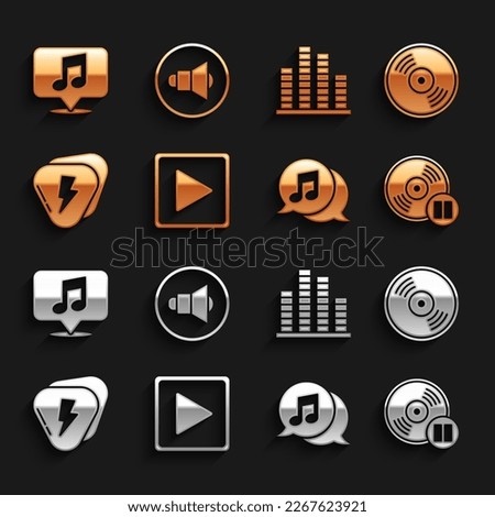 Set Play in square, Vinyl disk, Musical note speech bubble, Guitar pick, equalizer,  and Speaker volume icon. Vector