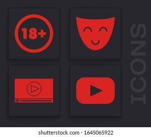 Set Play , Under 18 years, Comedy theatrical mask  and Online play video  icon. Vector